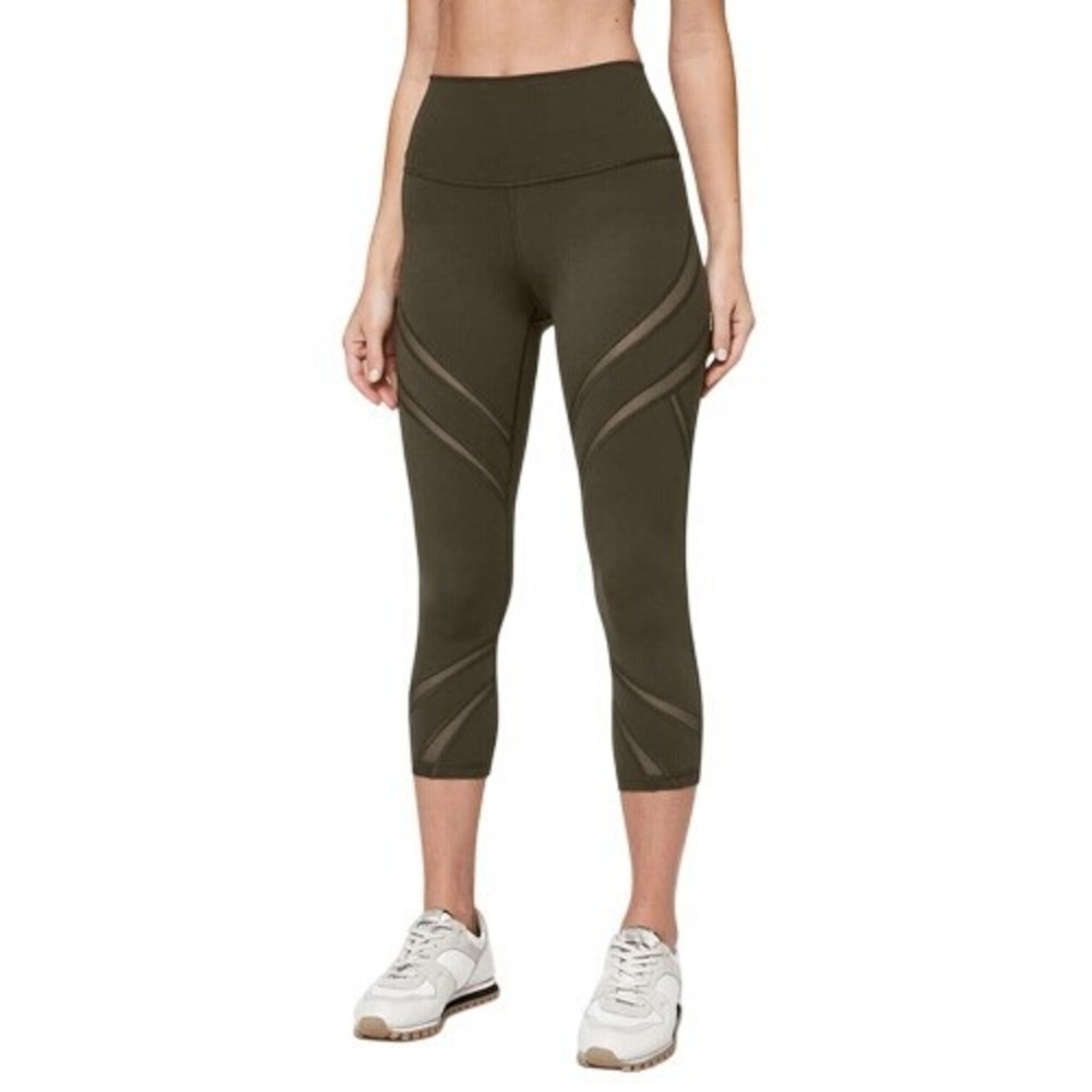 Lululemon Wunder Under High Rise Crop 21" Leggings Mesh Wave Dark Olive Green 6